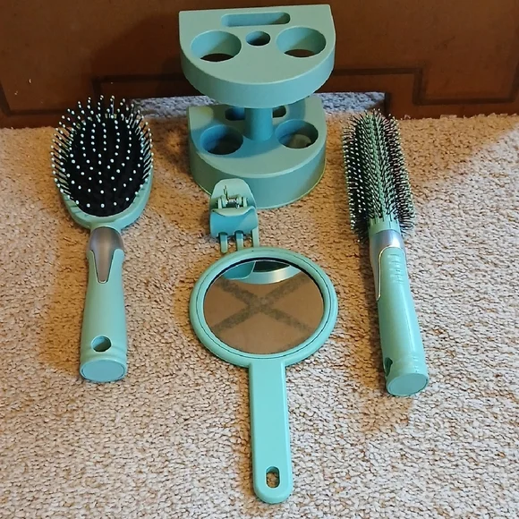 3-Piece Turquoise Hair Brush & Round Brush Set with Stand And 1 Clip - Picture 2 of 5